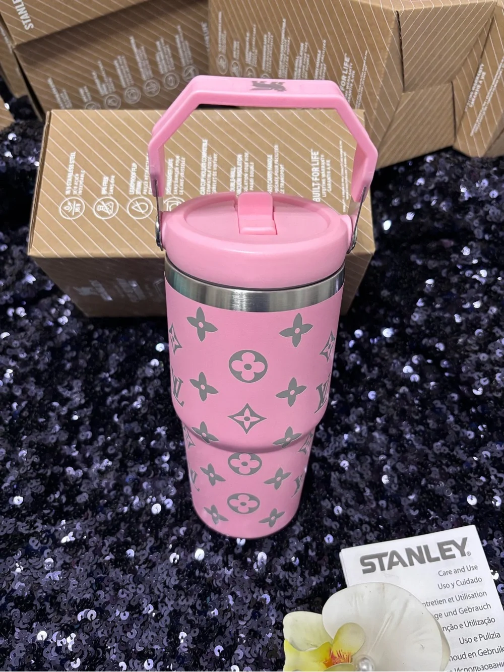 Pink Travel Tumbler with Fold Handle and Silver Accents